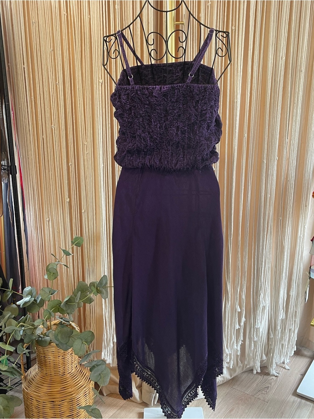purple boho dress smocked bust embroidered asymmetrical hemline spaghetti strap - Picture 4 of 16